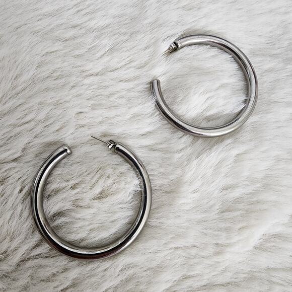 NEW Chunky Tube Hoop Earrings - Silver Rhodium Plated 2-Inch Statement Hoops - Picture 3 of 8